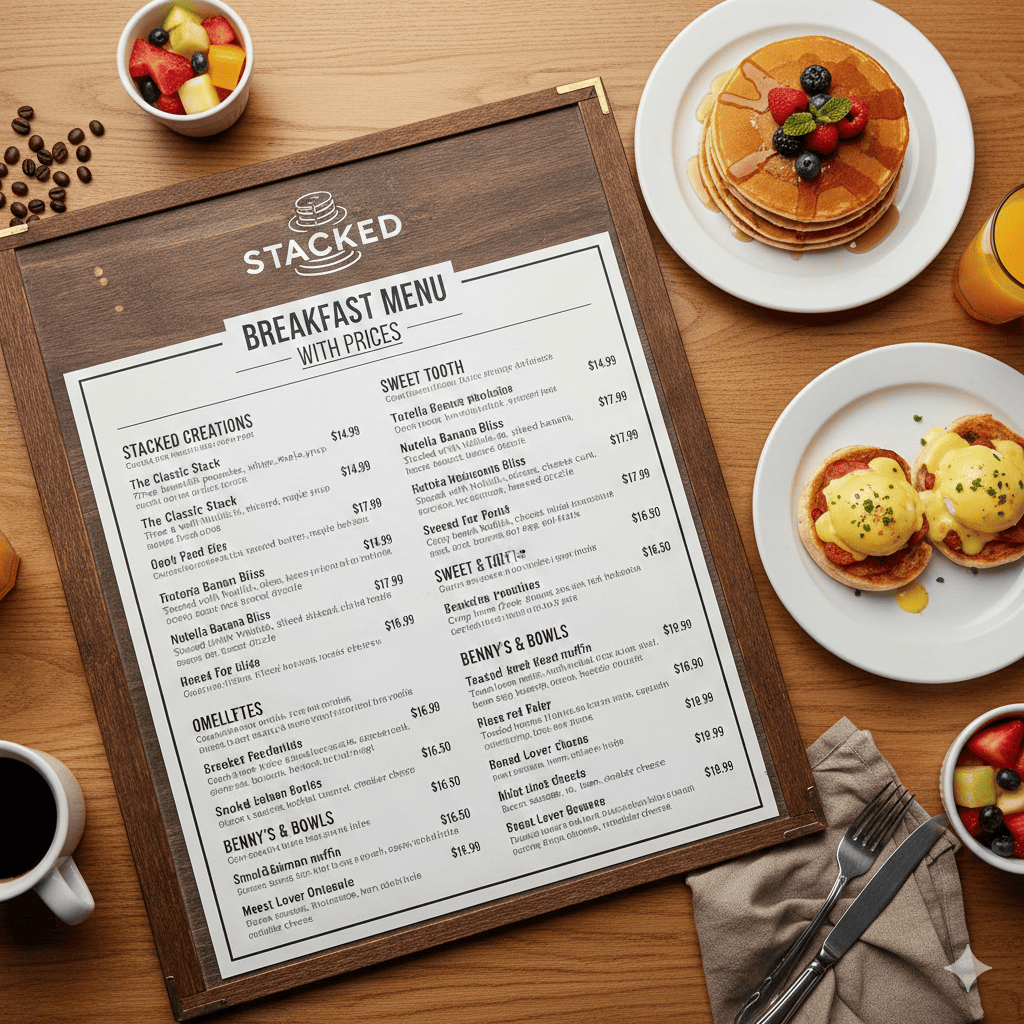 Stacked pancake house breakfast menu with prices